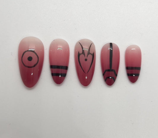 This Ryomen Sukuna-inspired handmade press-on nail set draws inspiration from the powerful and sinister energy of Jujutsu Kaisen. Featuring a red ombré base with bold black accents and intricate curse mark–style designs, each set perfectly captures Sukuna’s dark and regal aesthetic.

Each set includes five unique nail designs that mirror Sukuna’s distinct markings, making it ideal for anime fans, cosplay, or anyone looking to add a bold, mysterious edge to their look.